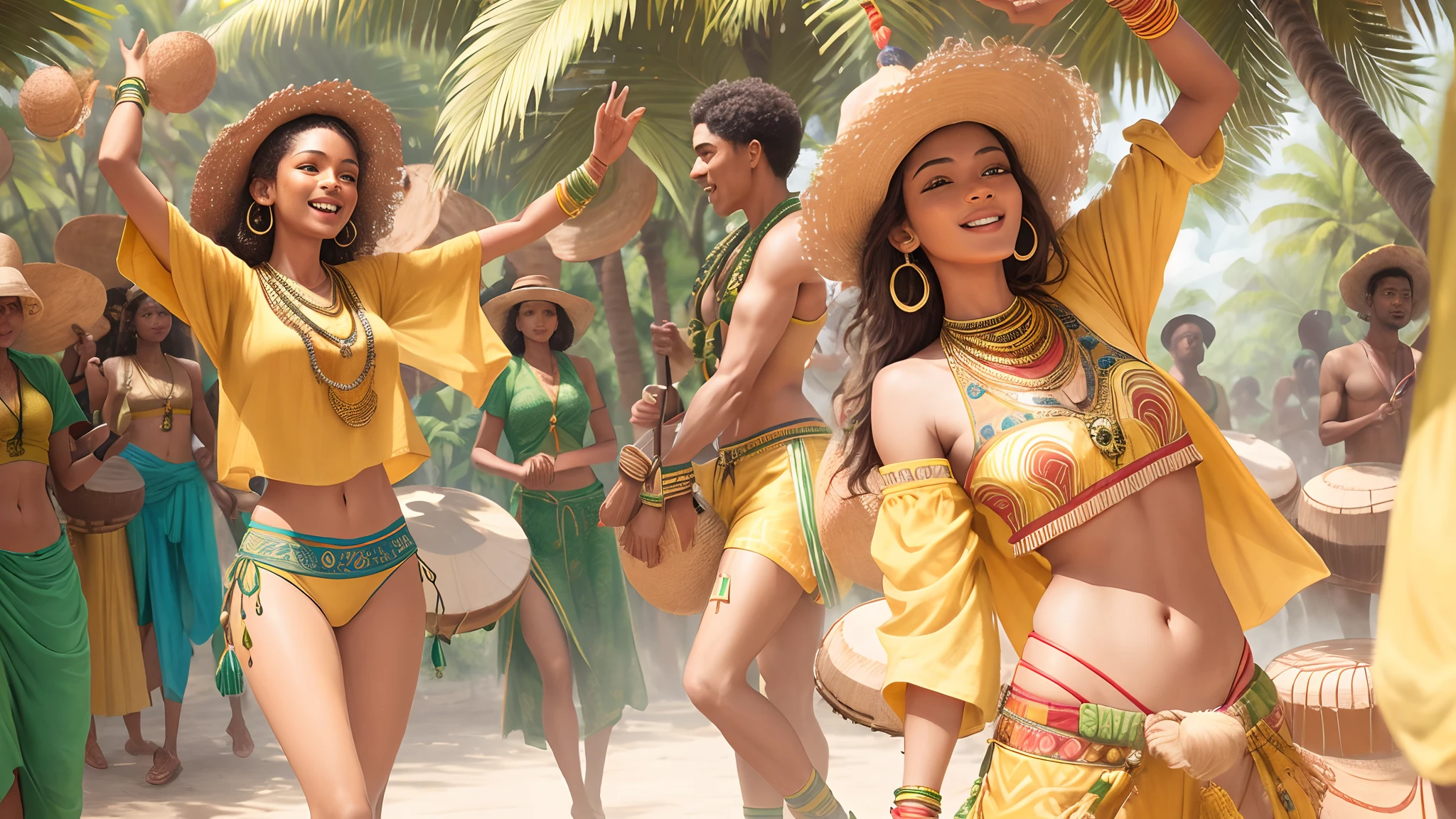 Masterpiece, best quality, very detailed beautiful faces and bodies, people in tribal yellow and green clothes are playing ethnic drums, very happy, jungle on the background, very sunny, palm trees