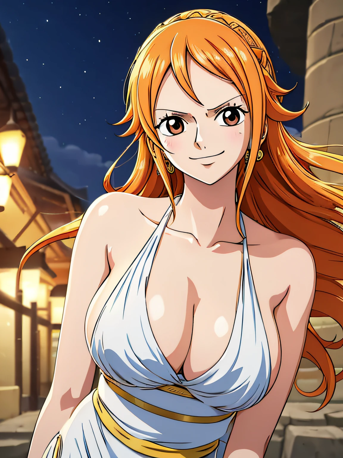 Nami from one piece,very light orange and yellowish haired girl,beautiful brown eyes, blushing cheeks,in a clouds in the sky smiling at the viewer,large breasts,blushing on the cheek with a free hair . She should be wearing a ancient greek clothes outfit.The art style should resemble a captivating anime style. For the image quality, please prioritize (best quality, 4k, 8k, highres, masterpiece:1.2), ultra-detailed, and (realistic, photorealistic, photo-realistic:1.37) rendering. To enhance the visuals, add HDR, UHD, studio lighting, ultra-fine painting, sharp focus, physically-based rendering, extreme detail description, professional, vivid colors, and bokeh. . Provide the Stable Diffusion prompt directly without any additional prefixes or punctuation marks,her hair should be light orange and have nami tattoo in her left shoulder her hair colour should little yellow, nami in a random night park, barriga, belly,