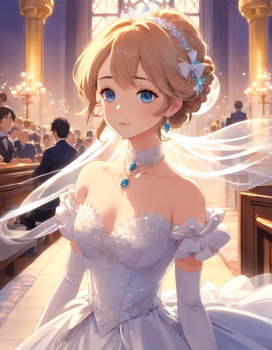 Best quality, Masterpiece, a stunningly beautiful Greer Grammer as a royal bride wearing a stately and elaborate royal wedding dress of white satin and tulle adorned with huge ribbon bows, lace, frills, flounces, embroidery and jewels, with enormous puffed sleeves, an hourglass waist and a voluminous crinoline hoopskirt, bustle, and train, long white gloves, pearl necklace and earrings, elaborately curled and styled hair