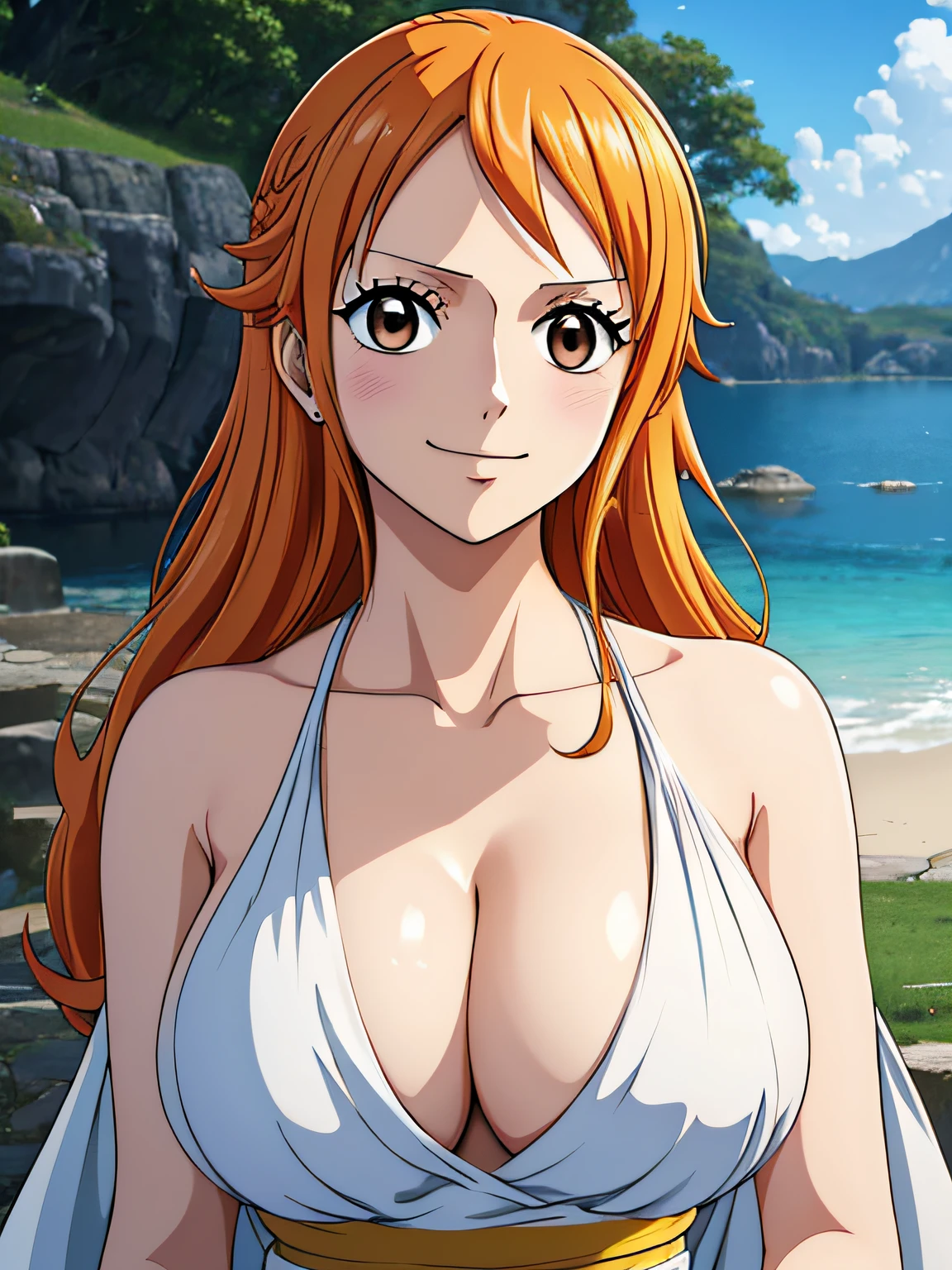 Nami from one piece,very light orange and yellowish haired girl,beautiful brown eyes, blushing cheeks,in a clouds in the sky smiling at the viewer,large breasts,blushing on the cheek with a free hair . She should be wearing a ancient greek clothes outfit.The art style should resemble a captivating anime style. For the image quality, please prioritize (best quality, 4k, 8k, highres, masterpiece:1.2), ultra-detailed, and (realistic, photorealistic, photo-realistic:1.37) rendering. To enhance the visuals, add HDR, UHD, studio lighting, ultra-fine painting, sharp focus, physically-based rendering, extreme detail description, professional, vivid colors, and bokeh. . Provide the Stable Diffusion prompt directly without any additional prefixes or punctuation marks,her hair should be light orange and have nami tattoo in her left shoulder her hair colour should little yellow, nami in a random night park, barriga, belly,