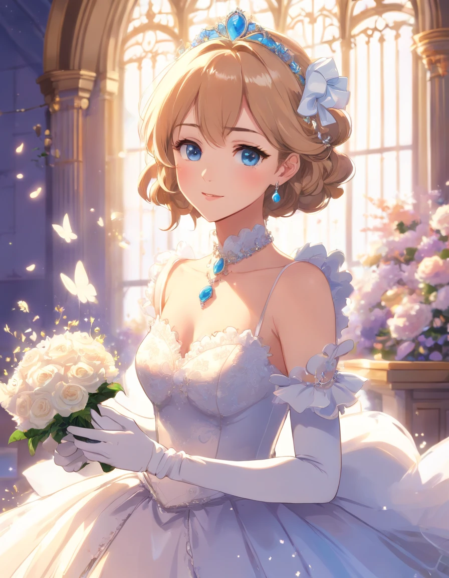 Best quality, Masterpiece, a stunningly beautiful Greer Grammer as a royal bride wearing a stately and elaborate royal wedding dress of white satin and tulle adorned with huge ribbon bows, lace, frills, flounces, embroidery and jewels, with enormous puffed sleeves, an hourglass waist and a voluminous crinoline hoopskirt, bustle, and train, long white gloves, pearl necklace and earrings, elaborately curled and styled hair