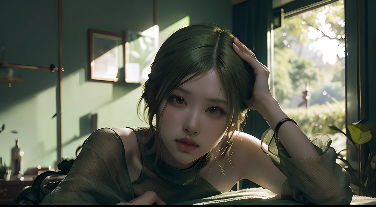 A girl with short green hair, wearing a green dress, green theme background. (best quality,4k,8k,highres,masterpiece:1.2), ultra-detailed, (realistic,photorealistic,photo-realistic:1.37), HDR, UHD, studio lighting, ultra-fine painting, sharp focus, physically-based rendering, extreme detail description, professional, vivid colors, portraits, landscape, anime, sci-fi, photography, concept artists, vibrant green color palette, dramatic lighting effects.