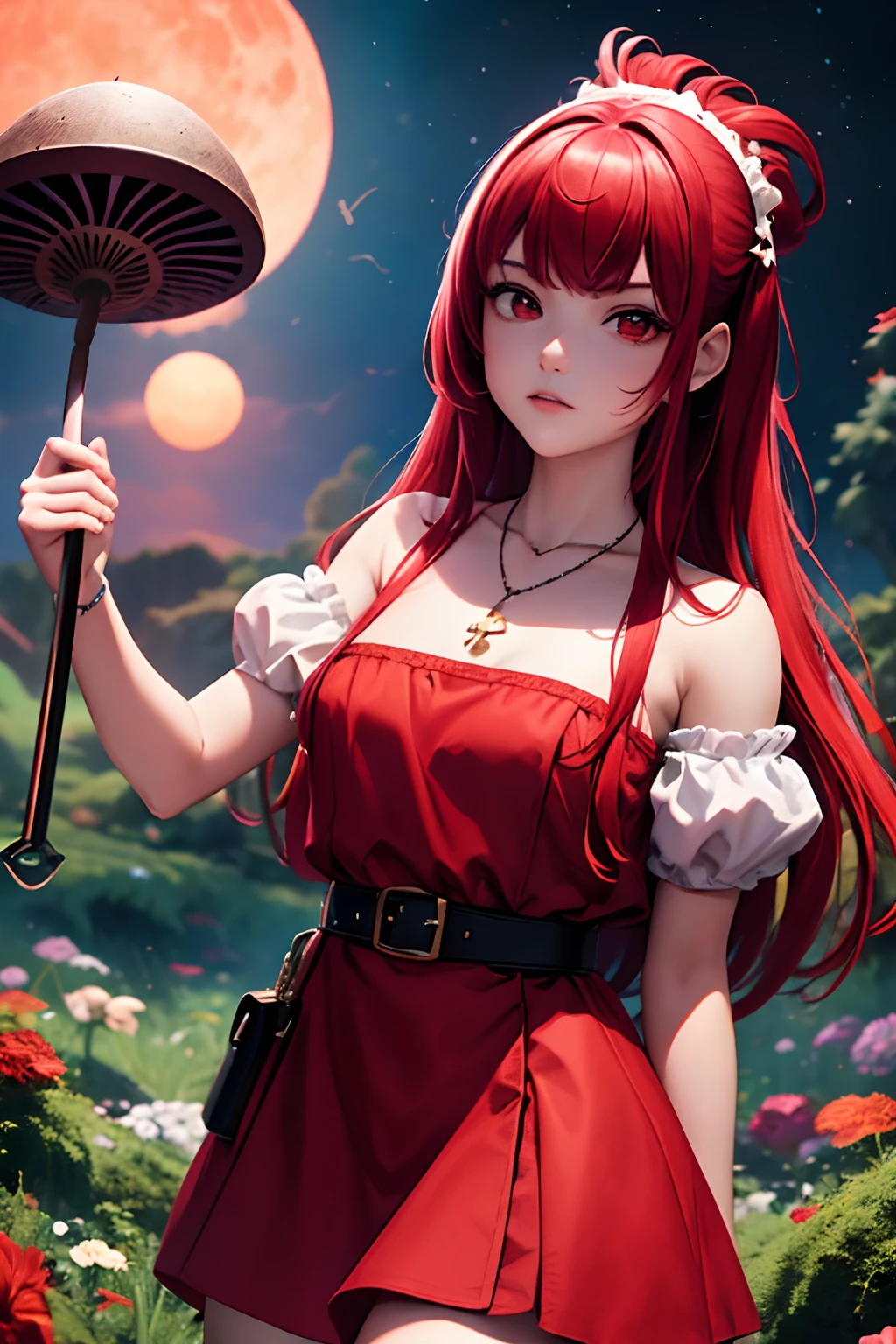 1 saint priest, red and white dress, red eyes, red hair,  girl, Spatula in hand, Best Quality, Ultra High Resolution, high detailed skin, high detailed face, belt, religious necklace, in a fantasy meadow, purple glowing tree, red sun, Best Quality, Ultra High Resolution, Best Quality, Ultra High Resolution,