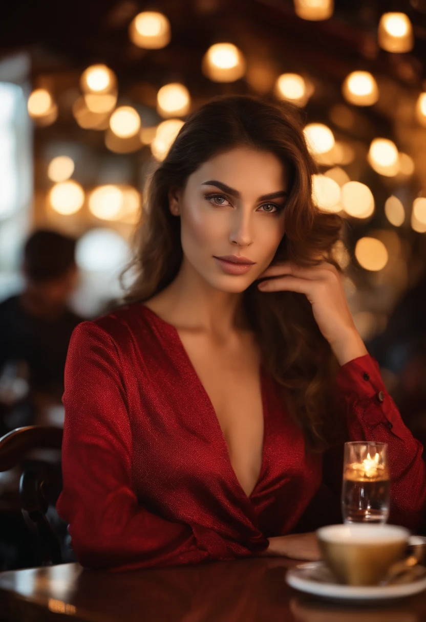photo de (sh0hreh:0.99), Une belle jeune femme, yeux bruns, Cheveux courts, Enlarged close-up in a well-cut portrait, assis dans un (Table on a seaside promenade café-bar drinks cocktails:1.2) porter un (Red designer long-sleeved shirt:1.3) (Boissons sur la table:1.3) (Gold Lighting:1.2) Background details of foreground objects (Master part:1.2) (Fotorrealista:1.2) (Bokeh:1.2) (Best quality) (Color Grading) (detailed skin:1.3) (complexe) (8k) (Hdr) (lighting cinematic:1.3) (mise au point nette)