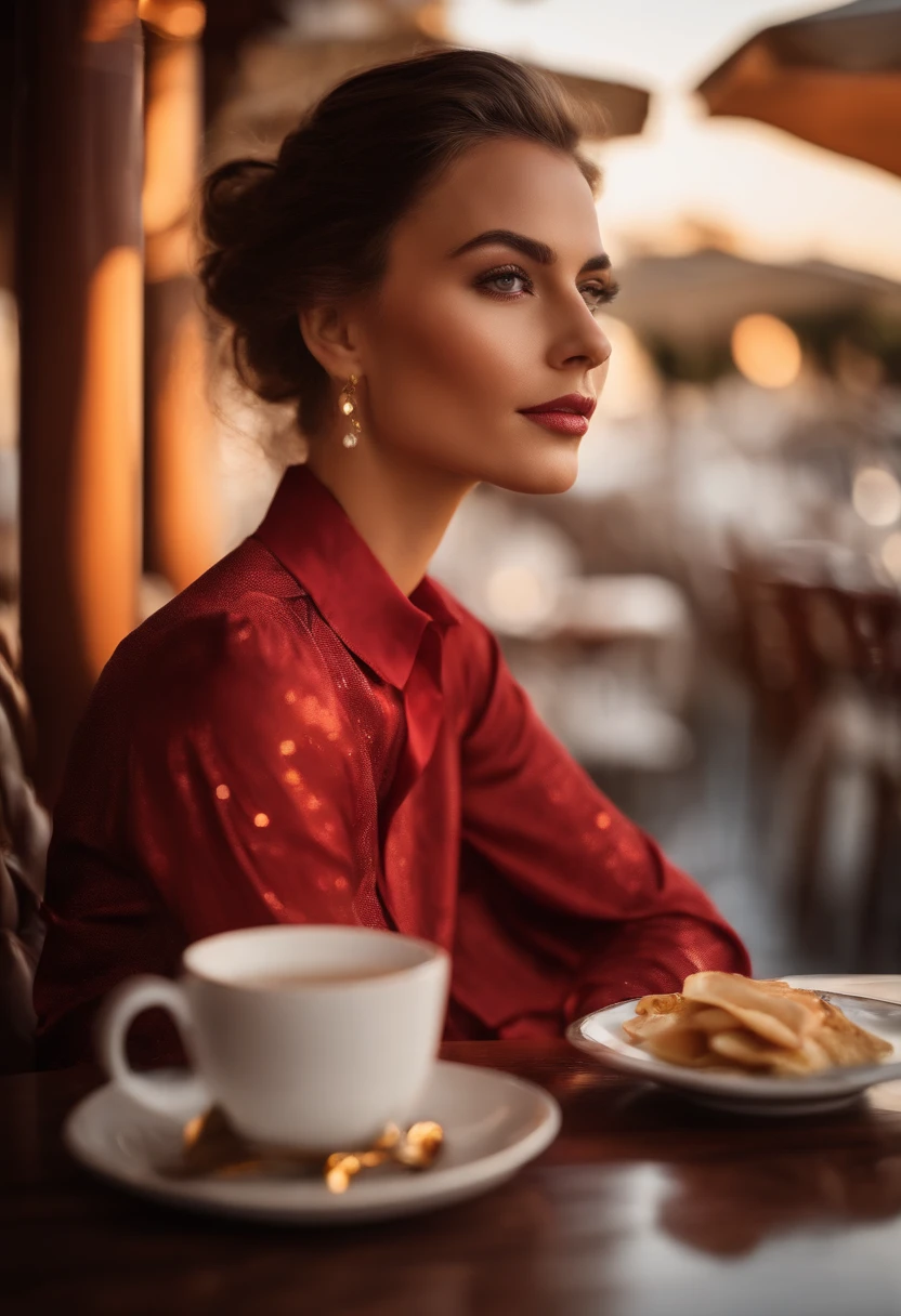 photo de (sh0hreh:0.99), Une belle jeune femme, yeux bruns, Cheveux courts, Enlarged close-up in a well-cut portrait, assis dans un (Table on a seaside promenade café-bar drinks cocktails:1.2) porter un (Red designer long-sleeved shirt:1.3) (Boissons sur la table:1.3) (Gold Lighting:1.2) Background details of foreground objects (Master part:1.2) (Fotorrealista:1.2) (Bokeh:1.2) (Best quality) (Color Grading) (detailed skin:1.3) (complexe) (8k) (Hdr) (lighting cinematic:1.3) (mise au point nette)