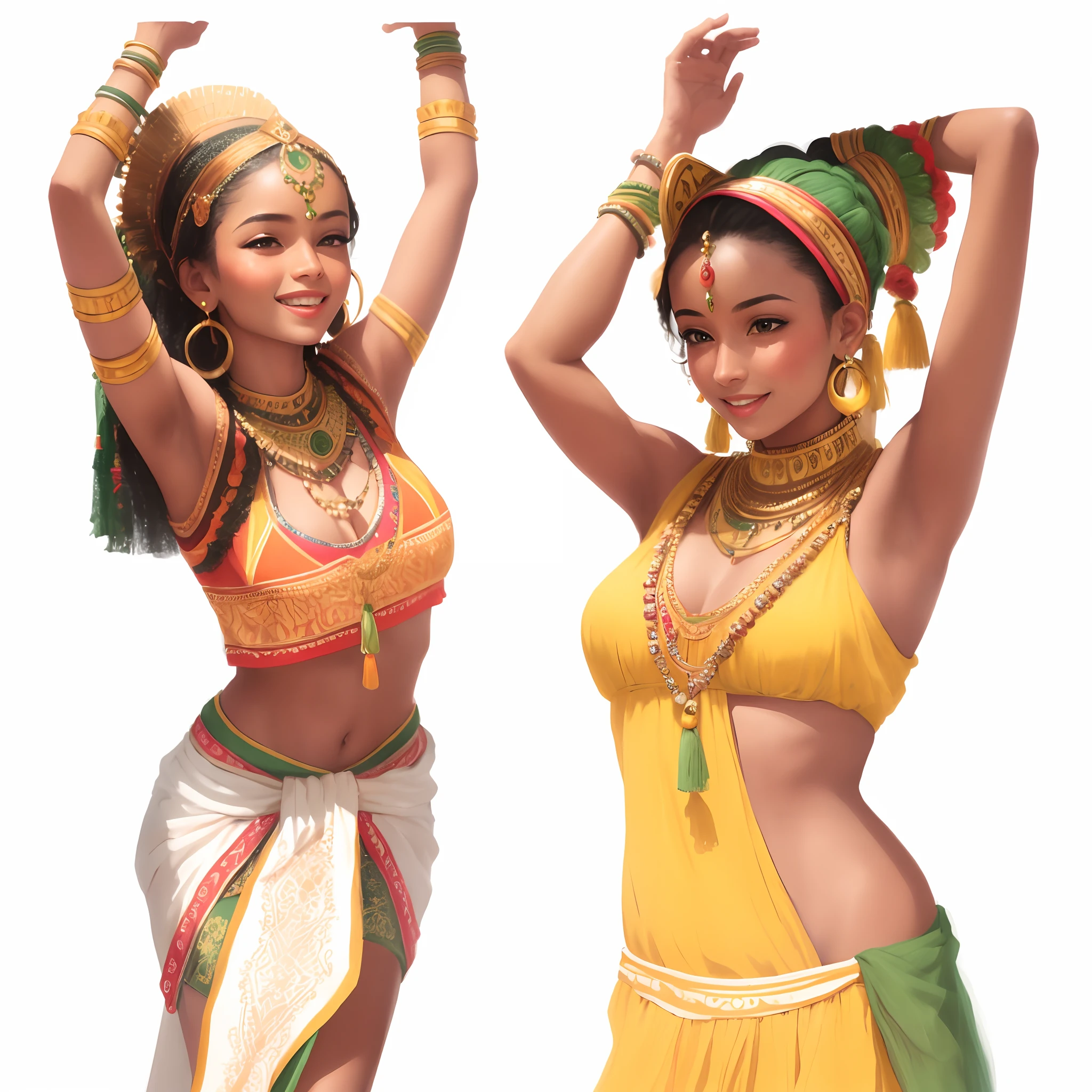 Masterpiece, best quality, very detailed beautiful faces and hands, two women in tribal yellow and green clothes dance, they smile, happy