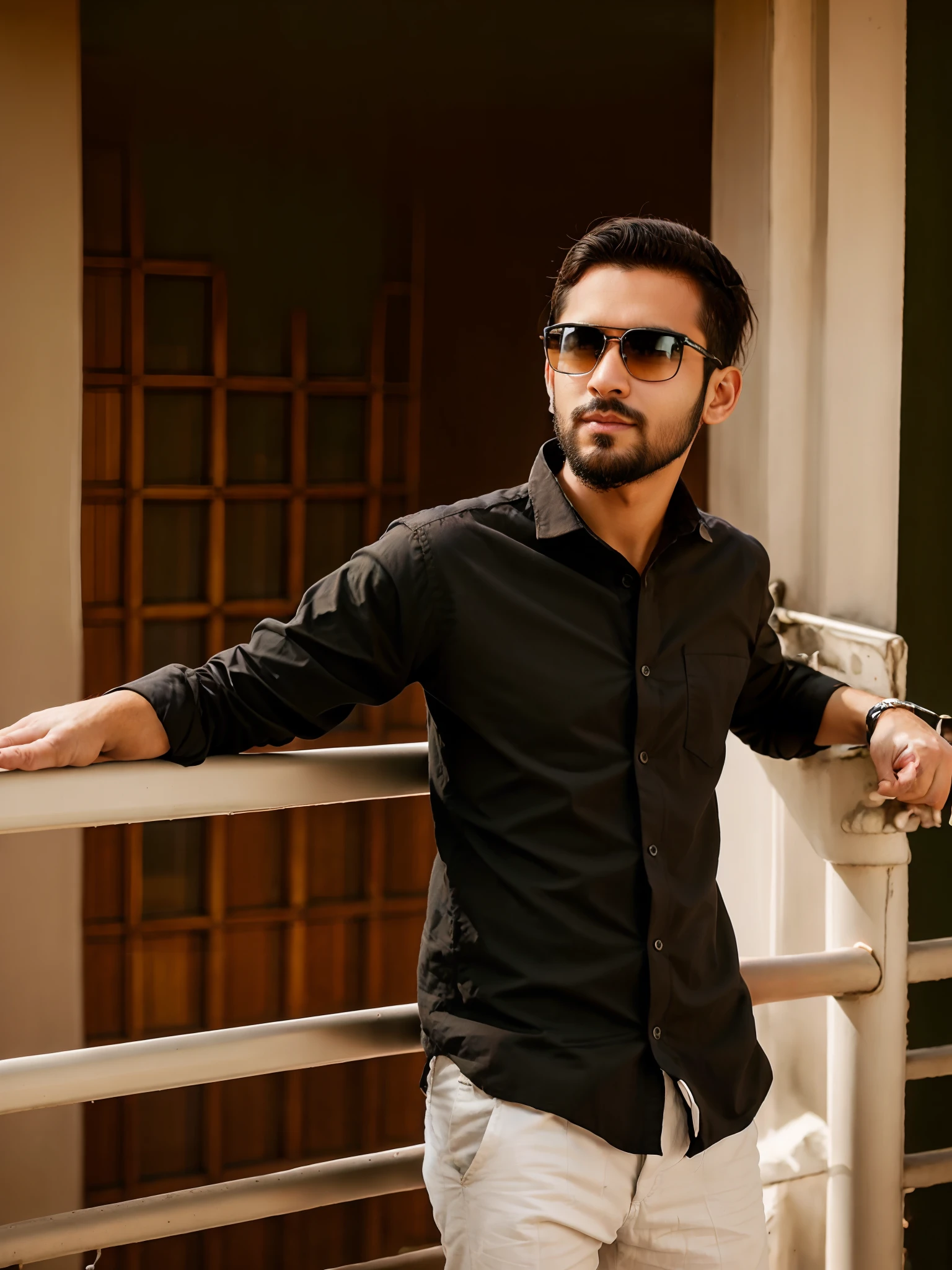 araffe man with sunglasses and a beard standing on a balcony, kyza saleem, khyzyl saleem, ash thorp khyzyl saleem, very very low quality picture, stylish pose, high quality picture, profile picture 1024px, very artistic pose, high quality upload, profile pic, riyahd cassiem, profile image
