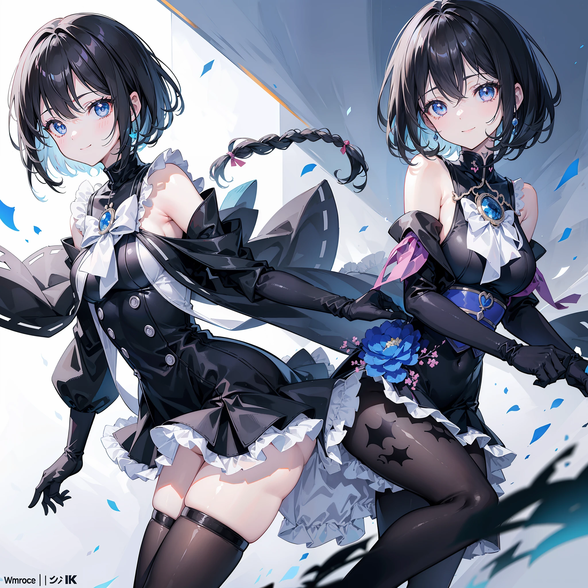 kawaii　a beauty girl　A dark-haired　short-haired　bob cuts　Sideways braided hair　fluffy hair　light blue  eyes　Black Dress　Black Pants Stockings　Black boots　long black gloves　Flower Garden　high-level image quality　hightquality　4K　ssmile　A smile　pitiful　1 girl in　Detailed and delicate face　skirt by the　dark and delicate eyes　Fine details　happy girl　Petals are fluttering　((Anime-like illustrations))　Proseca's Shinonome picture name　High school students　　date　Street　Plain clothe　独奏