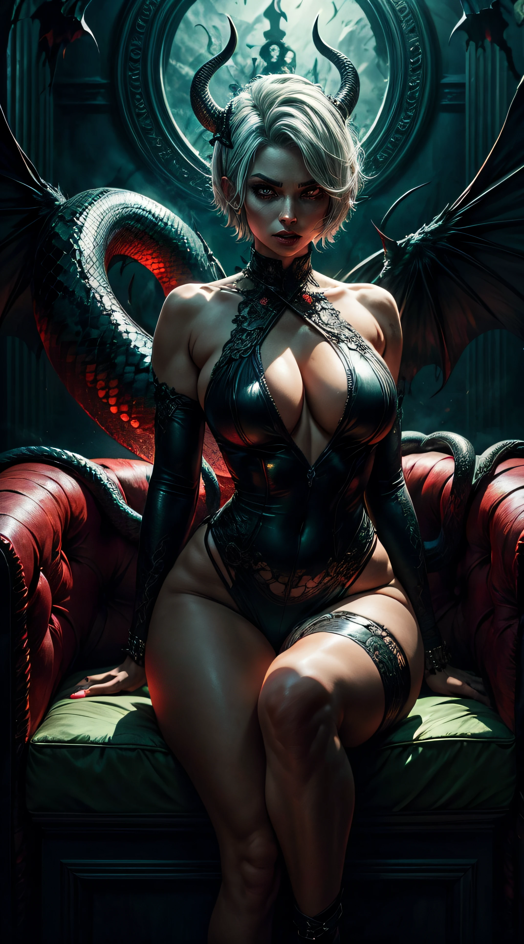 Tia is shown to have a fairly slender figure. She has white-grey hair , she has short hair and large pale green eyes. sitting on the devil's throne wearing devil horns and a sexy and hot outfit. Underneath her are many snakes and behind her are many demons. Horror and darkness. Realistic, superior quality.