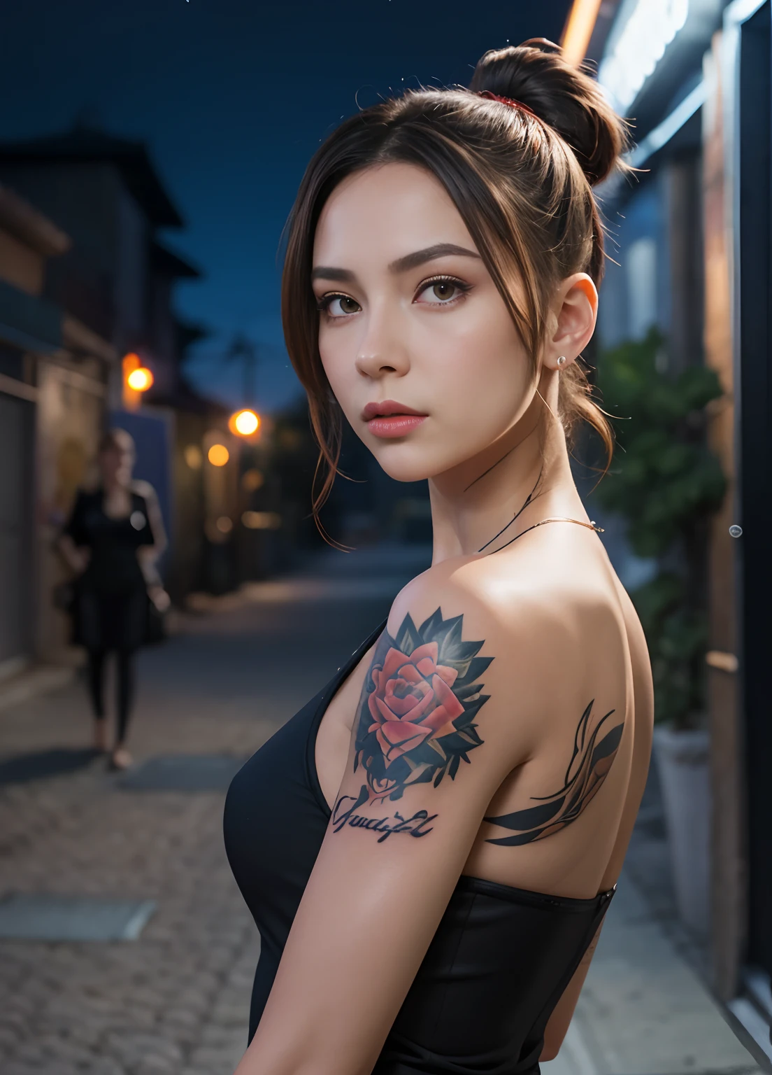 tattoo girl, very beautiful, murderous, handsome girl, (random hairstyle), betrayal, anger, night alley, 8K, dynamic wallpaper, very delicate, very dense