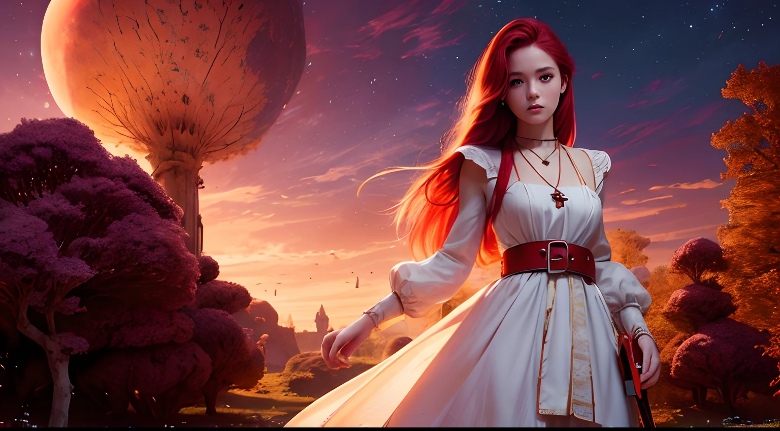 1 saint priest, red and white dress, red eyes, red hair, 16 years old girl, Spatula in hand, Best Quality, Ultra High Resolution, high detailed skin, high detailed face, belt, religious necklace, in a fantasy meadow, purple glowing tree, red sun, Best Quality, Ultra High Resolution, Best Quality, Ultra High Resolution,