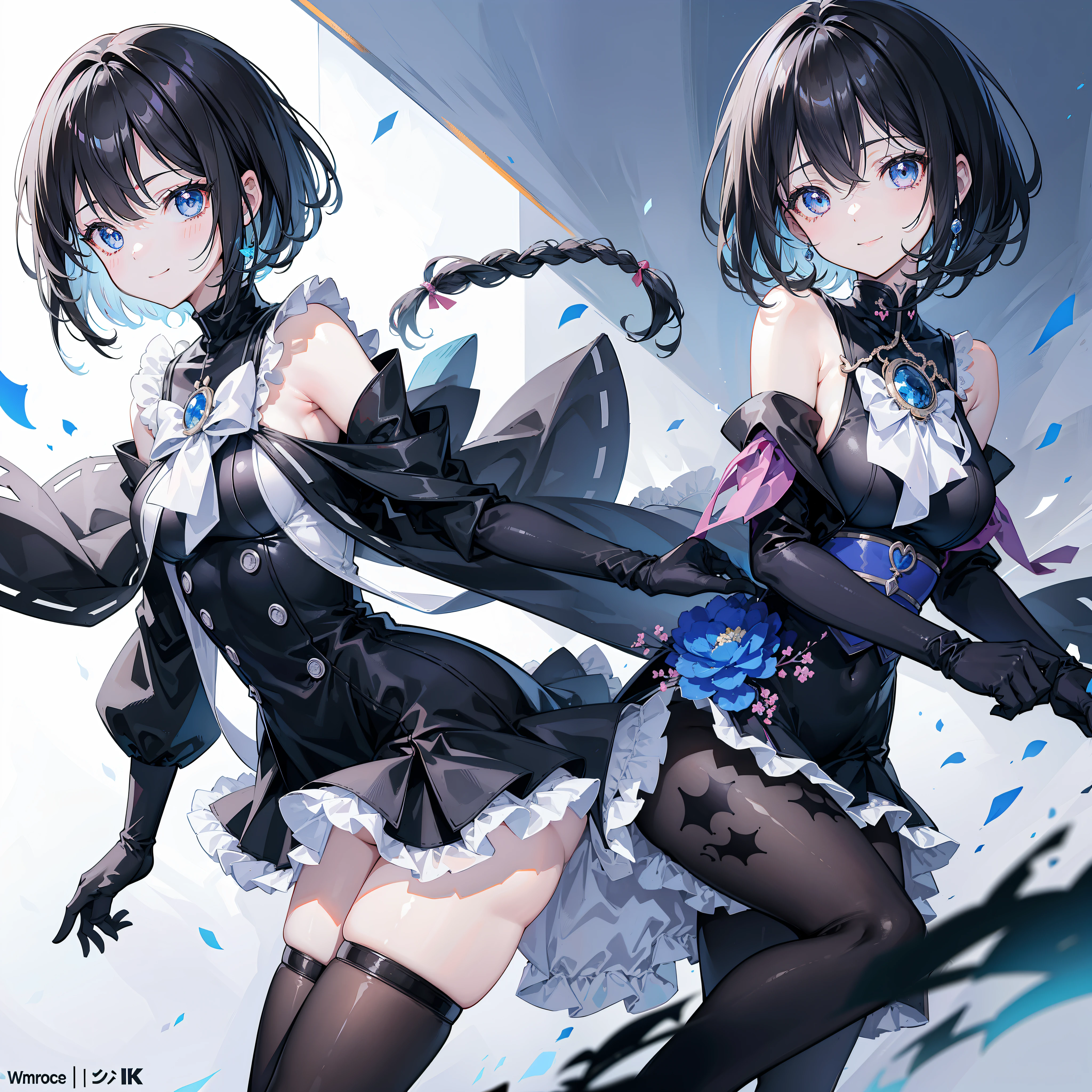 kawaii a beauty girl A dark-haired short-haired bob cuts Sideways braided hair fluffy hair light blue eyes Black Dress Black Pants Stockings Black boots long black gloves Flower Garden high-level image quality hightquality 4K ssmile A smile pitiful 1 girl in Detailed and delicate face skirt by the dark and delicate eyes Fine details happy girl Petals are fluttering ((Anime-like illustrations)) Proseca's Shinonome picture name High school students date Street Plain clothe 独奏