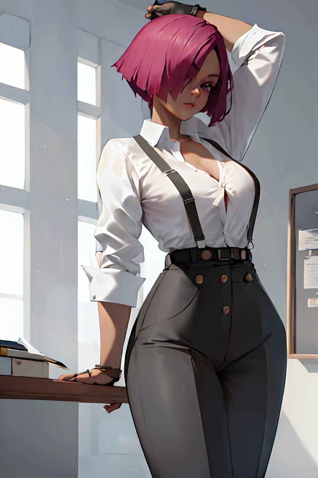 masterpiece, best quality, ultra-detailed, Potrait of beautiful , solo, shirt, long_sleeves, white_shirt, collared_shirt, pants, from_behind, arms_behind_back, black_pants, formal, suit, arm_behind_back, shirt_tucked_in, facing_away, office_lady, business_suit, high-waist_pants, volumetric lighting, best quality, masterpiece, intricate details, tonemapping, sharp focus, hyper detailed, trending on Artstation,