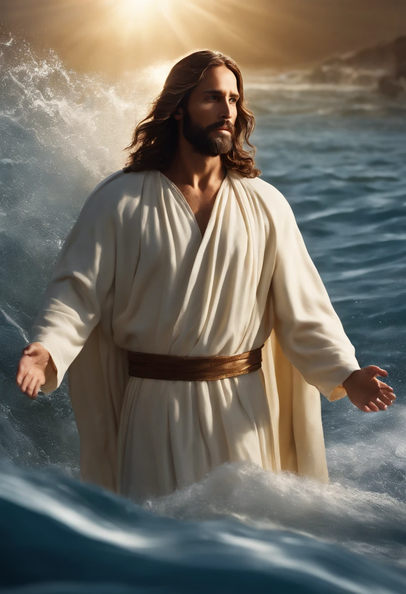 (high quality,8k,photo-realistic),Jesus Christ standing on the turbulent waters of the sea,realistic portrayal of Jesus' face and expression,detailed depiction of Jesus' flowing hair,gentle and serene facial features,loose robe gently billowing in the wind,gentle rays of sunlight shining on Jesus' face and body,crystal clear water with realistic waves and foam,sparkling reflections of sunlight on the water's surface,dramatic and contrasting lighting to emphasize the divinity and power of Jesus,subtle hues of blue and gold to create a calming and spiritual atmosphere,attention to small details like droplets of water on Jesus' skin and clothing,impressive attention to texture and materiality,faithful depiction of Jesus' sacred aura and divine presence.