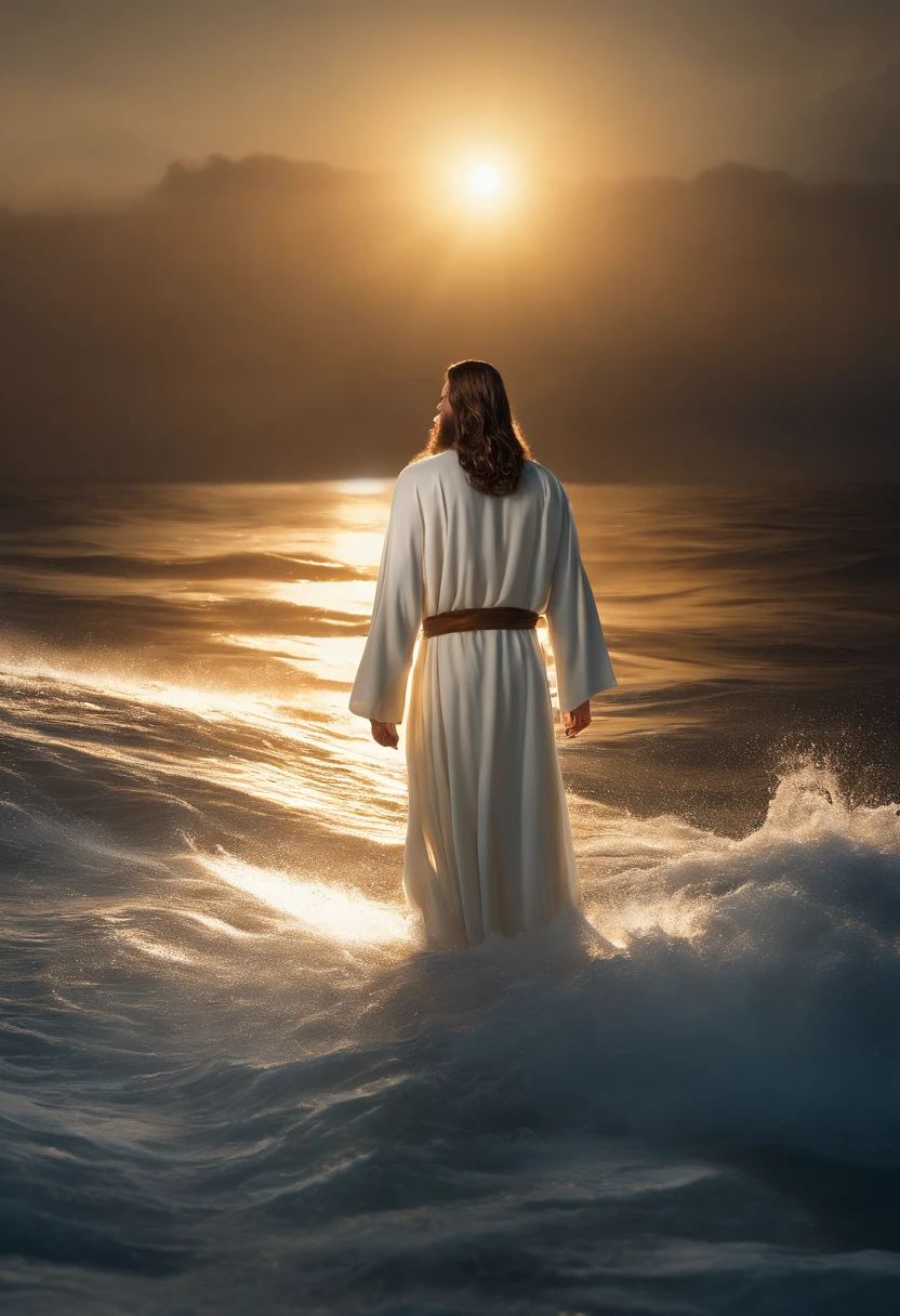 (high quality,8k,photo-realistic),Jesus Christ standing on the turbulent waters of the sea,realistic portrayal of Jesus' face and expression,detailed depiction of Jesus' flowing hair,gentle and serene facial features,loose robe gently billowing in the wind,gentle rays of sunlight shining on Jesus' face and body,crystal clear water with realistic waves and foam,sparkling reflections of sunlight on the water's surface,dramatic and contrasting lighting to emphasize the divinity and power of Jesus,subtle hues of blue and gold to create a calming and spiritual atmosphere,attention to small details like droplets of water on Jesus' skin and clothing,impressive attention to texture and materiality,faithful depiction of Jesus' sacred aura and divine presence.