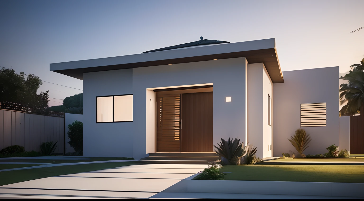 Front view sudoeste, of a house, ((estilo moderno), ((Ground floor only)), high ceiling height,garagem, porta, janela, jardim, entrada concretada, 3D-rendering,night lighting, Lumion Pro rendering, cinematografic