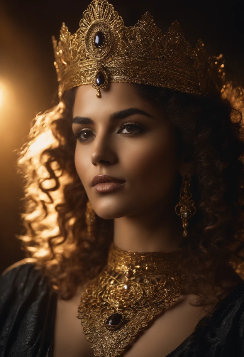 female young woman with curly hair, wearing a gold collar, in the style of gothic dark intensity, abdel hadi al gazzar, backlit photography, culturally diverse elements, metalwork jewelry, 32k uhd, beach portraits