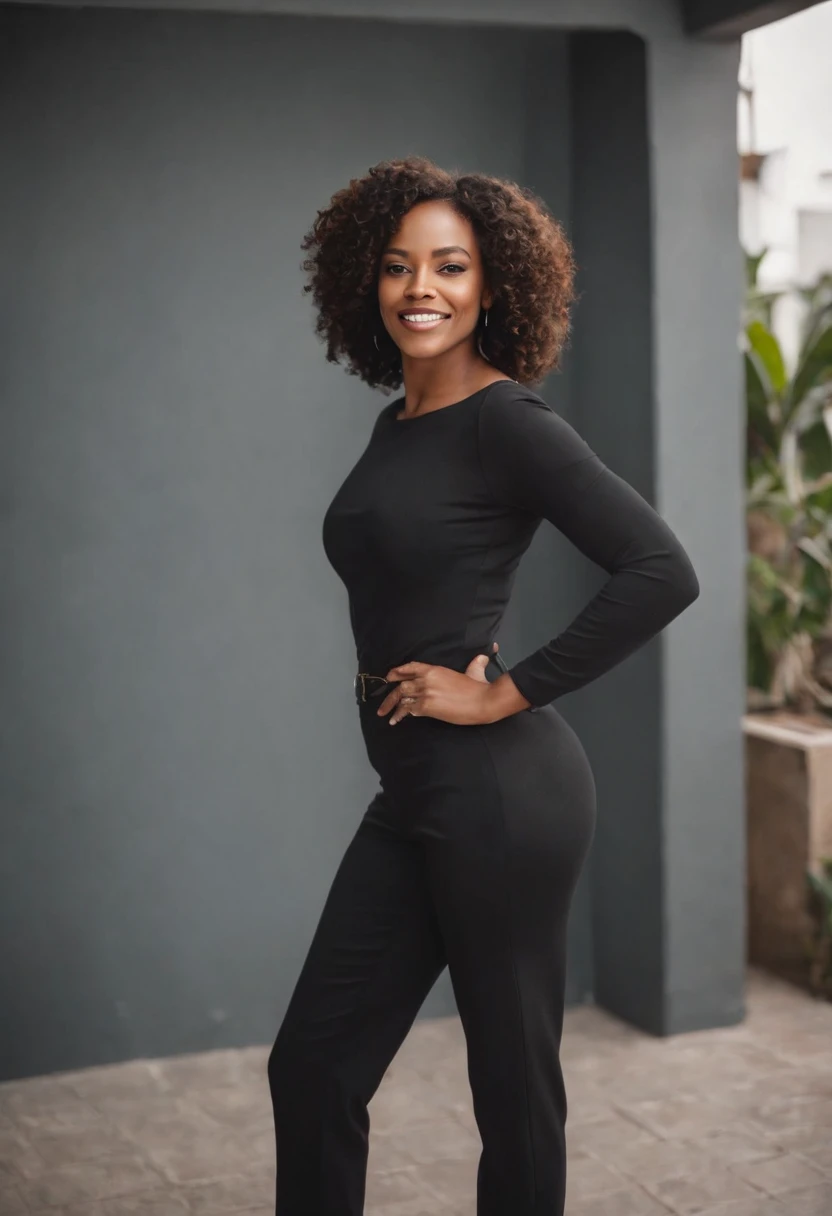 Beautiful black woman, cabelos alisados e comprimento 50cm, 40 anos, realistic and cinematic image, em um terno preto, very stylish pants looking at the camera, sorridente