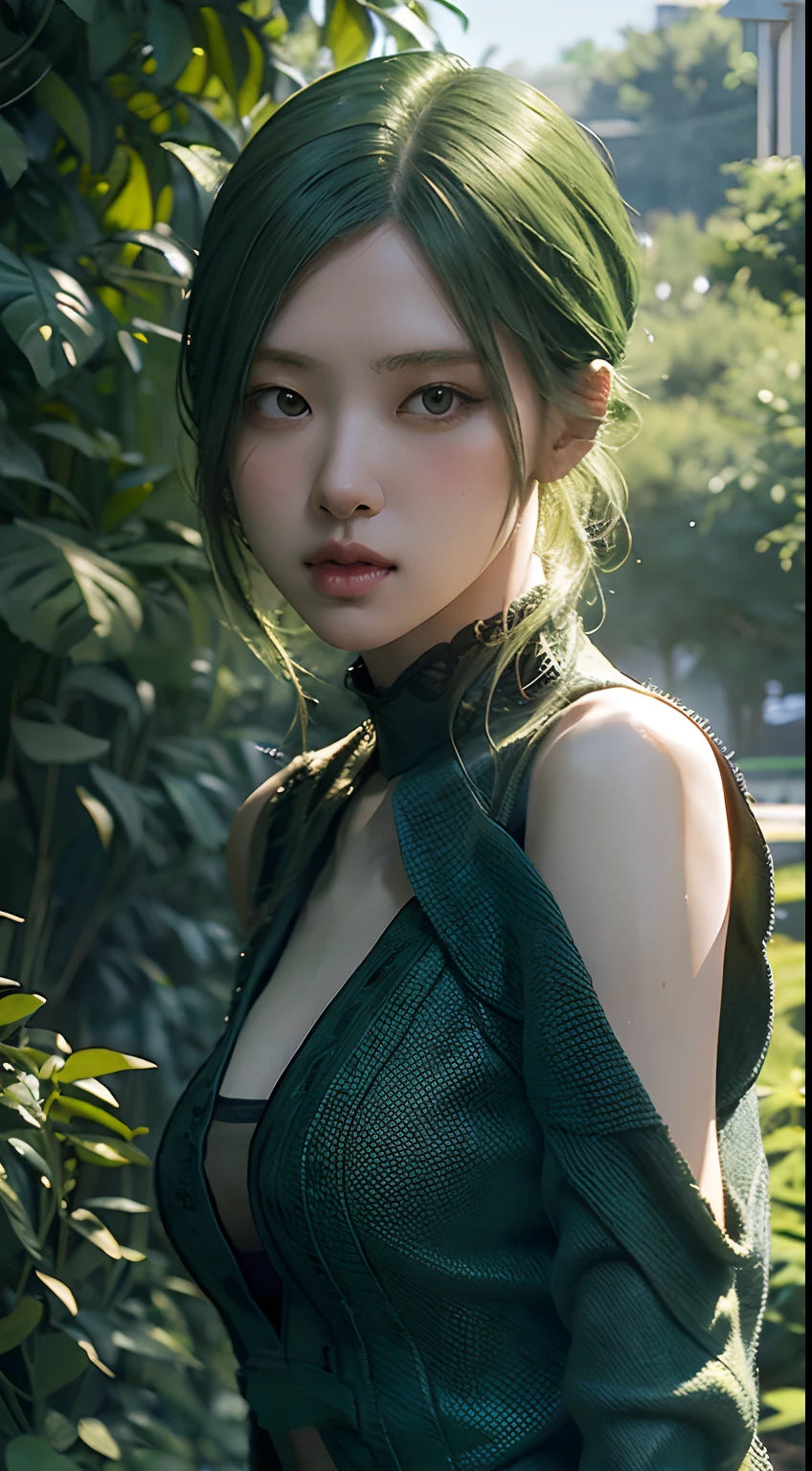 A girl with short green hair, wearing a green dress, green theme background. (best quality,4k,8k,highres,masterpiece:1.2), ultra-detailed, (realistic,photorealistic,photo-realistic:1.37), HDR, UHD, studio lighting, ultra-fine painting, sharp focus, physically-based rendering, extreme detail description, professional, vivid colors, portraits, landscape, anime, sci-fi, photography, concept artists, vibrant green color palette, dramatic lighting effects.