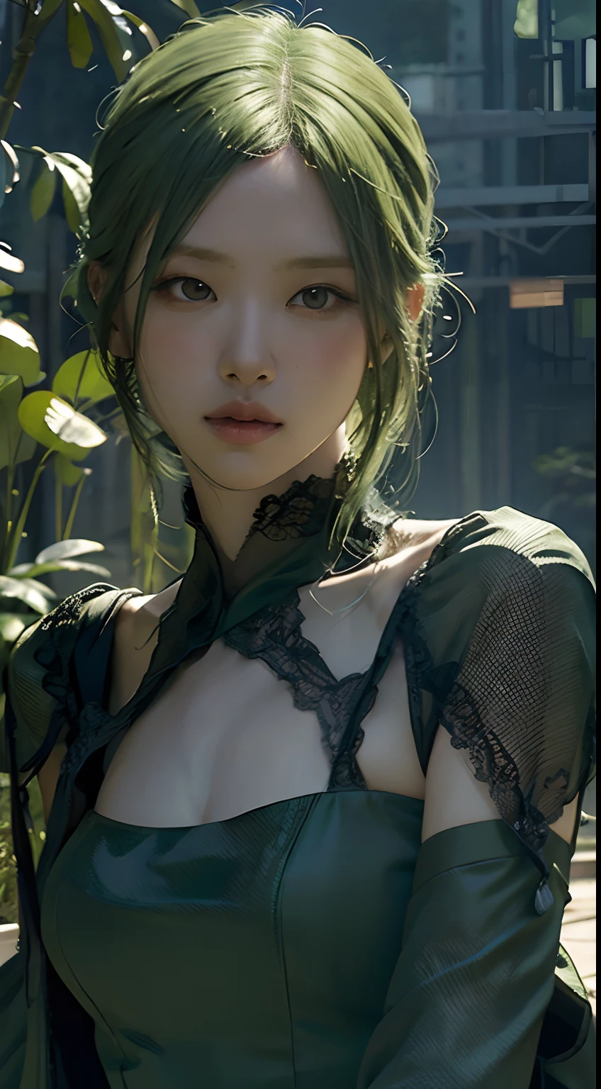 A girl with short green hair, wearing a green dress, green theme background. (best quality,4k,8k,highres,masterpiece:1.2), ultra-detailed, (realistic,photorealistic,photo-realistic:1.37), HDR, UHD, studio lighting, ultra-fine painting, sharp focus, physically-based rendering, extreme detail description, professional, vivid colors, portraits, landscape, anime, sci-fi, photography, concept artists, vibrant green color palette, dramatic lighting effects.