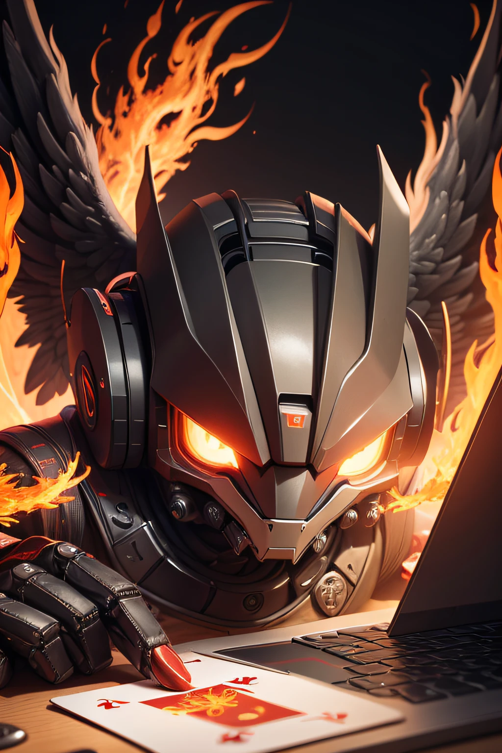 Animal-looking robot, The face of a phoenix behind the laptop playing card games