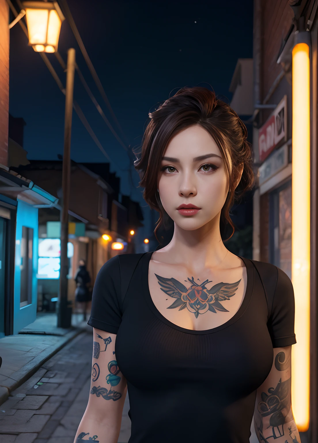 tattoo girl, very beautiful, murderous, handsome girl, (random hairstyle), betrayal, anger, night alley, 8K, dynamic wallpaper, very delicate, very dense