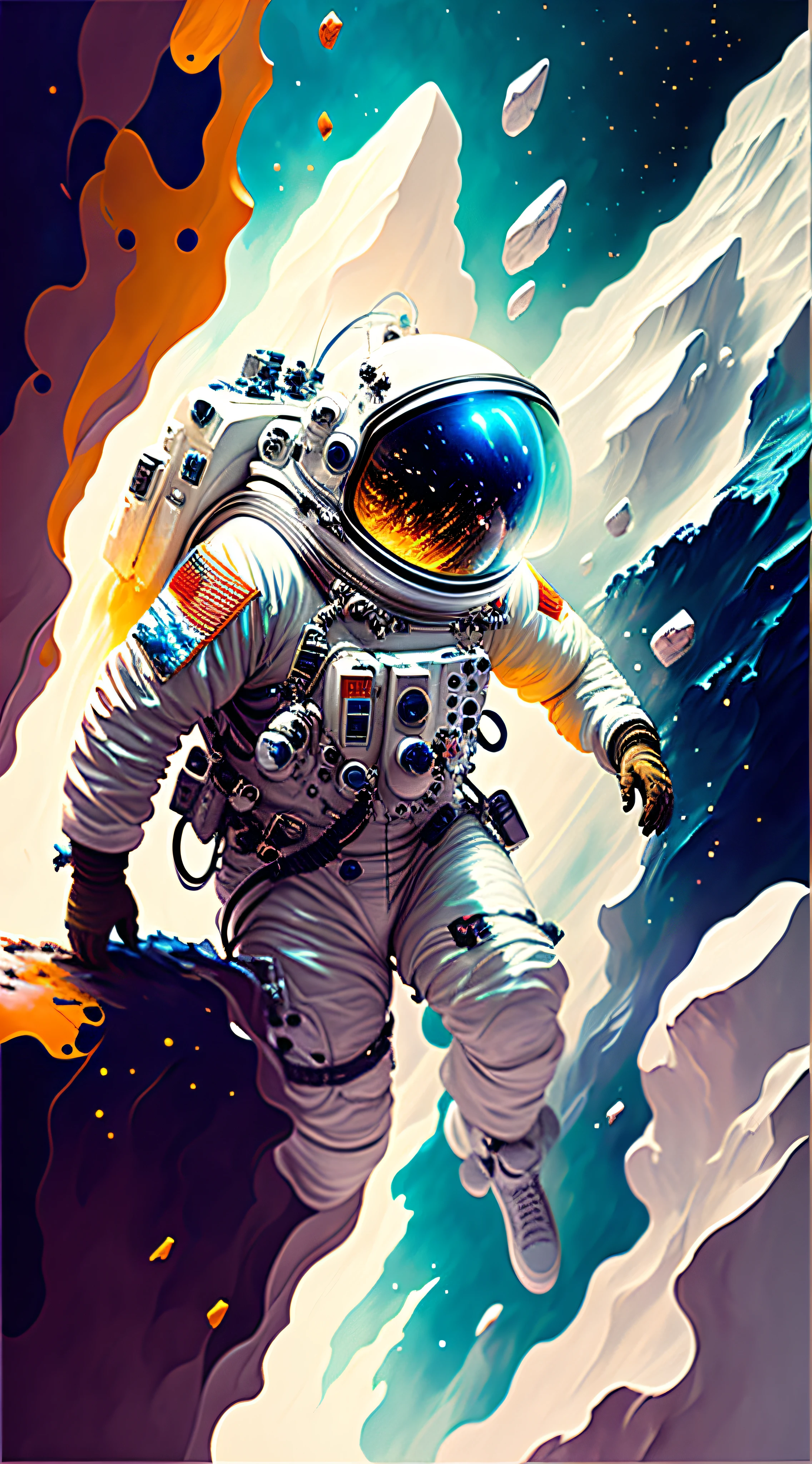 astronaut, climbing the asteroid, character render, ultra high quality model, ethereal background, abstract beauty, explosive volumetric, oil painting, heavy strokes, paint dripping