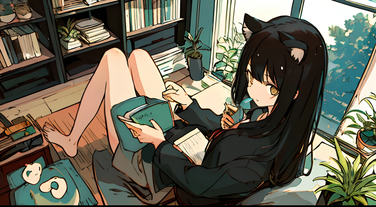 a girls, from above, plant, black hair, cat, lying, indoors, holding, long sleeves, long hair, stuffed toy, potted plant, book, food, window, phone, loaded interior, television, short hair, on back, stuffed animal, bangs, slippers, barefoot, sitting, bookshelf, shelf, cable, computer