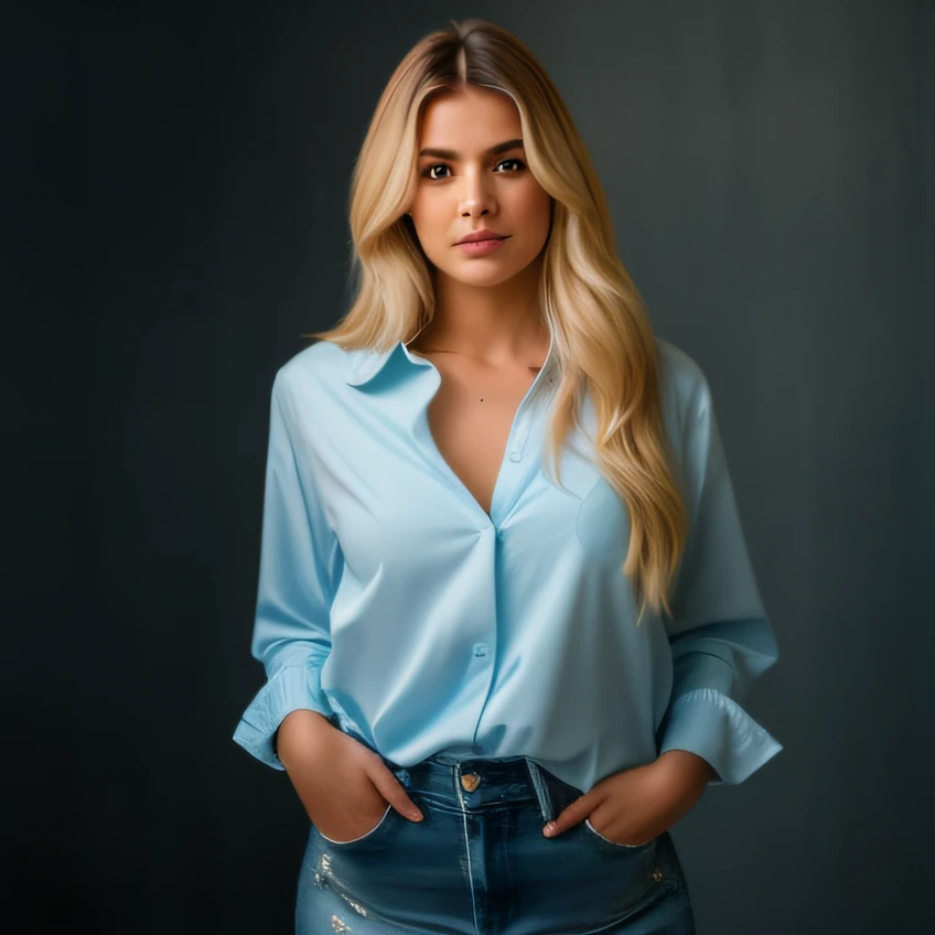 Mulher loira em camisa azul e jeans posando para uma foto, usando uma blusa, vestindo uma camisa azul clara, foto de uma mulher bonita, menina loira bonita, photoshoot retrato de alta qualidade, vestindo roupas casuais elegantes, lindo modelo jovem, mulher loira bonita, loira mulher jovem bonita, Retrato de um modelo bonito, modelo feminino bonito, mulher bonita jovem, Menina sexy com cabelo loiro longo