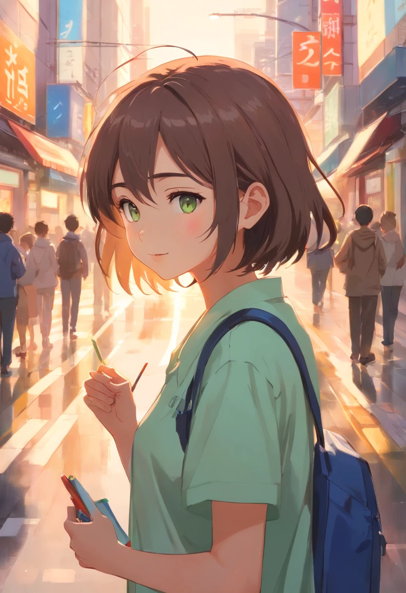 "Young woman, short brown hair that reaches her shoulders, fair skin, emerald eyes, wearing a white formal shirt loosely tucked in, a loosely tied and disheveled tie around the shirt collar, formal black pants, and a large beige trench coat on top. She is walking down a Tokyo street under the moonlight, during the night, lighting her cigarette with her lighter. The lighting is in shades of blue except for the lighter flame, which is yellow with bright and vibrant tones. This woman has a melancholic appearance."