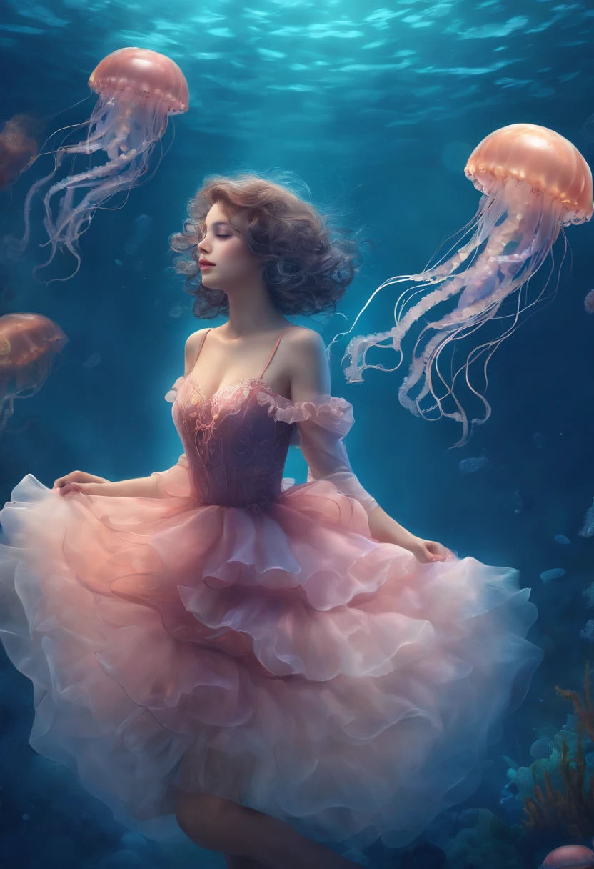 cute girl yeah, push-up bra, kawaii, (jellyfish girl:1.4), arms behind back, underwater, frilled dress, elegant,