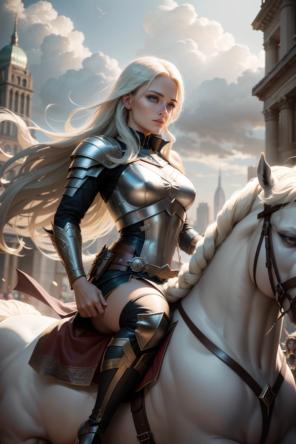 New York, Square of Time, Valkyrie, also known as Brunnhilde, is a character from Marvel Comics. She is an Asgardian warrior and a member of the Valkyries, a group of godlike warriors tasked with escorting the souls of fallen warriors to Valhalla. Valkyrie is skilled in hand-to-hand combat, wielding a sword and riding a majestic (horse) called Pegasus. She possesses superhuman strength, stamina, and longevity due to her Asgardian heritage. Additionally, Valkyrie is notable for her leadership, determination, and loyalty to her fellow Asgardians and the Avengers. Her presence brings a touch of mysticism and heroism to the mythology of the Marvel Universe. (best quality: 1.0), (Ultra Highres: 1.0), highly detailed face and eyes, (photorealistic: 1.2)