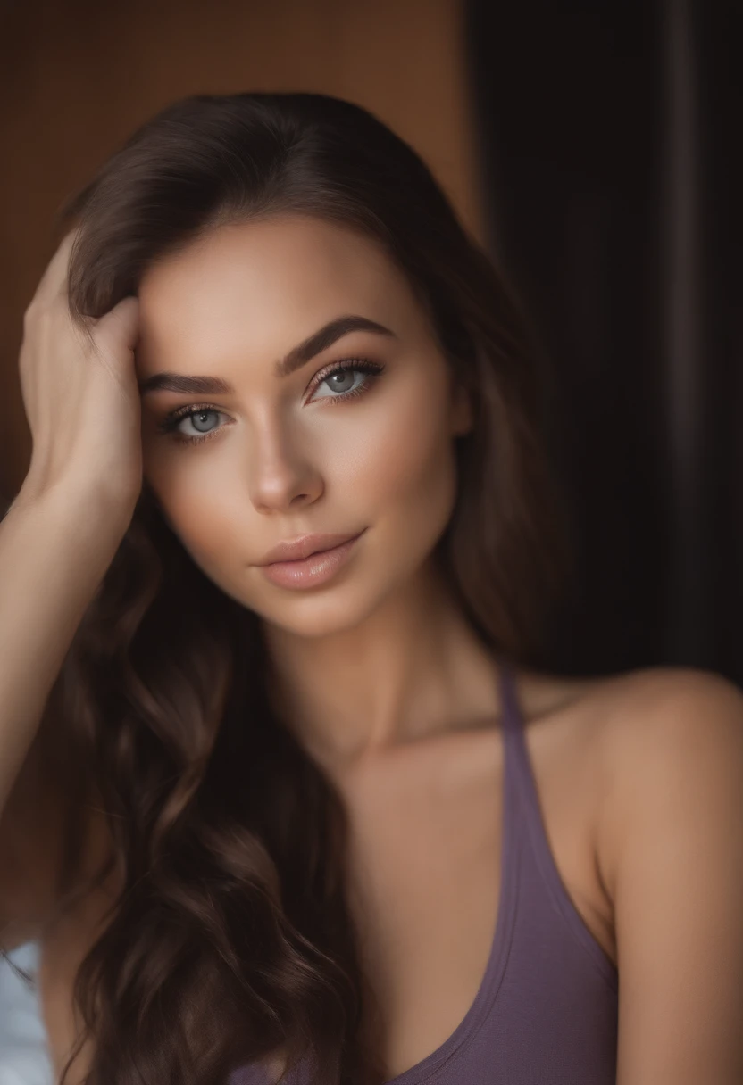 arafed woman with matching tank top and leggings, sexy girl with brown eyes, portrait sophie mudd, brown hair and large eyes, selfie of a young woman, bedroom eyes, violet myers, without makeup, natural makeup, turning to look at the camera, face with artgram, subtle makeup, stunning full body shot, in bedroom, sexy ass, cute butt, in the club