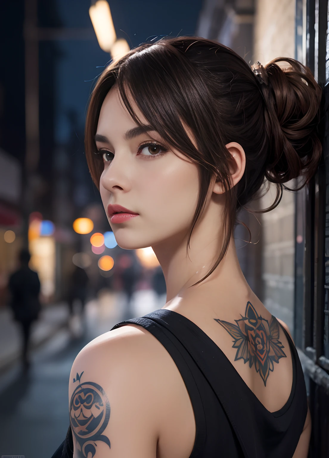 tattoo girl, very beautiful, murderous, handsome girl, (random hairstyle), betrayal, anger, night alley, 8K, dynamic wallpaper, very delicate, very dense