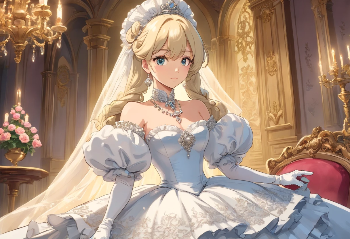 Best quality, Masterpiece, a stunningly beautiful Greer Grammer as a royal bride wearing a stately and elaborate royal wedding dress of white satin and tulle adorned with huge ribbon bows, lace, frills, flounces, embroidery and jewels, with enormous puffed sleeves, an hourglass waist and a voluminous crinoline hoopskirt, bustle, and train, long white gloves, pearl necklace and earrings, elaborately curled and styled hair