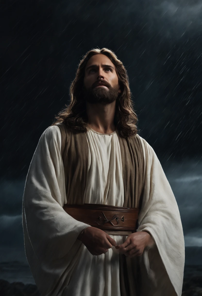 (detailed portrait of Jesus Christ in the midst of a storm in a war scene),war zone backdrop,choppy waves crashing against a rugged coastline,dark,ominous clouds covering the sky,wild and powerful lightning strikes illuminating the scene,intense rain pouring down,fierce winds blowing,powerful waves crashing against rocks,flying debris from the battlefield filling the air,Jesus Christ with a composed and serene expression,penetrating and compassionate eyes, flowing and immaculate beard,crown of thorns on his head,white robes billowing in the wind,hands raised in a gesture of divine power and protection,the storm raging around him but he remains steadfast and unperturbed,a ray of divine light breaking through the dark clouds,divine halo surrounding his head, symbolizing his divinity,the scene bathed in a blue and gray color palette, emphasizing the stormy and dramatic atmosphere,dramatic lighting, emphasizing the contrast between light and darkness,painting-like texture, adding depth and richness to the image.(best quality,4k,8k,highres,masterpiece:1.2),ultra-detailed,(realistic,photorealistic,photo-realistic:1.37),HDR,UHD,studio lighting,ultra-fine painting,sharp focus,physically-based rendering,vivid colors.
