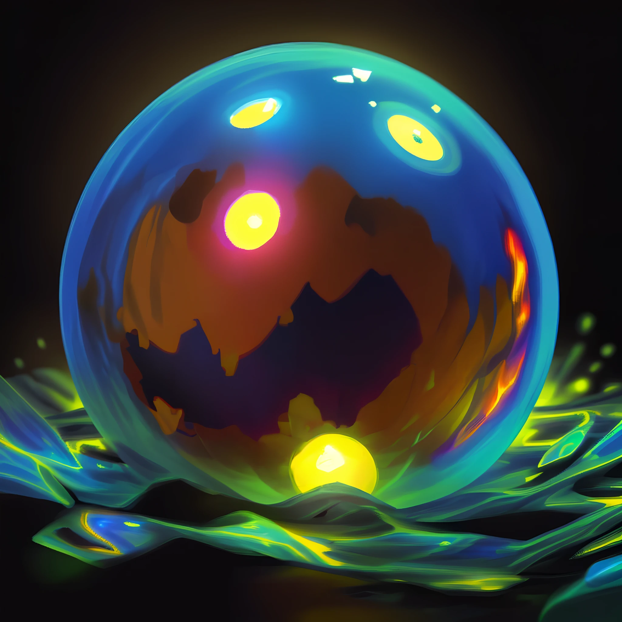 pixel art, the core of a slime monster, blue, perfect sphere, dense and translucent, glowing with magic, black background