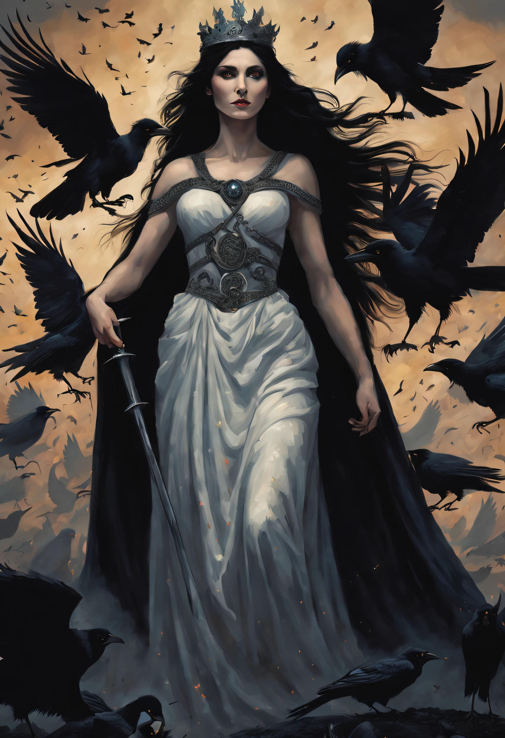 Celtic Goddess Morrigan, a white queen with dark hair and a crown wearing a very dark dress and surrounded by crows looking at a battle