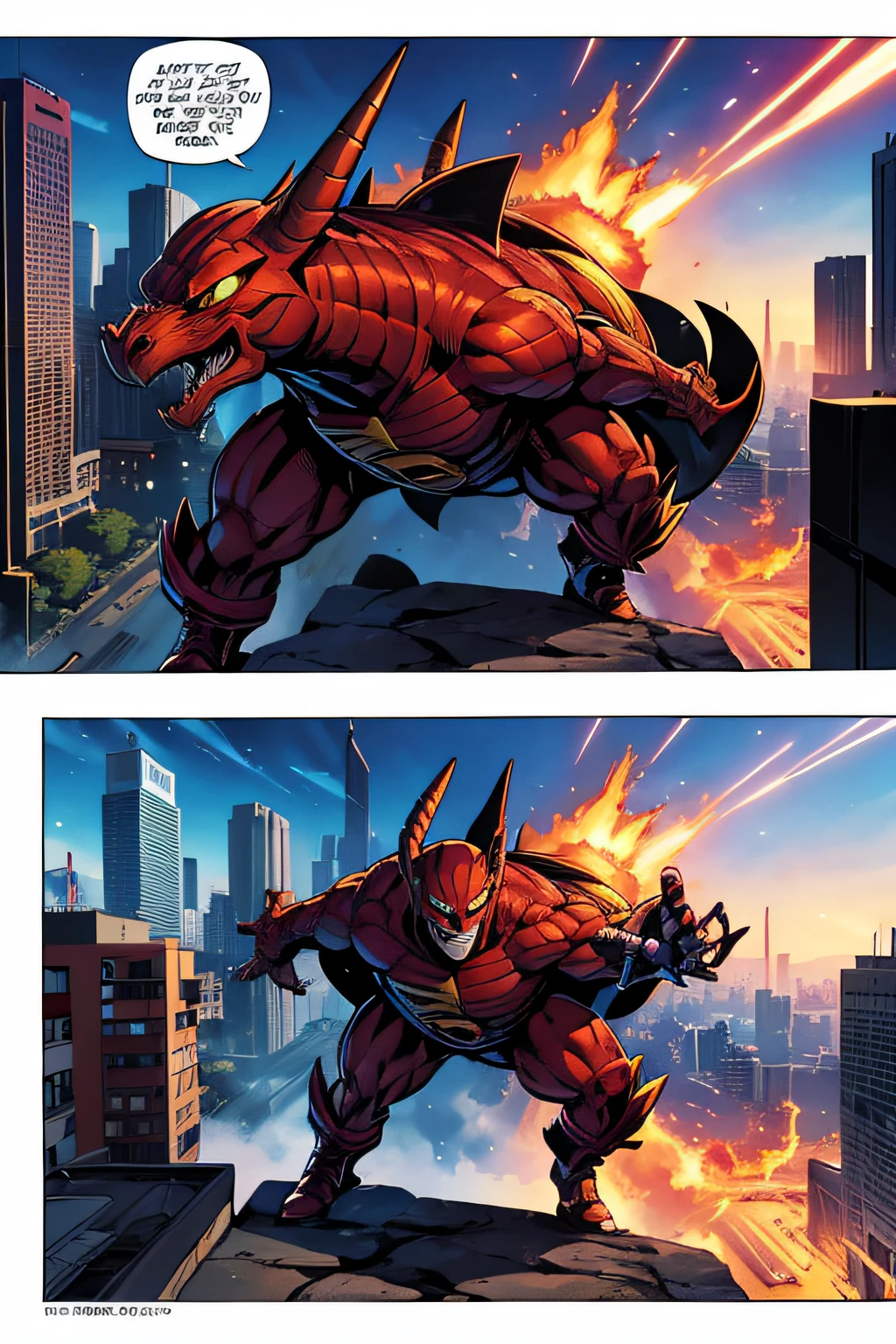 Comic Storyboard:1.8, cartoon strip,comic:: supervillano llamado drago atacando una ciudad futurista, Estilo Comic de Marvel, hiperHD, 24K UHD.2