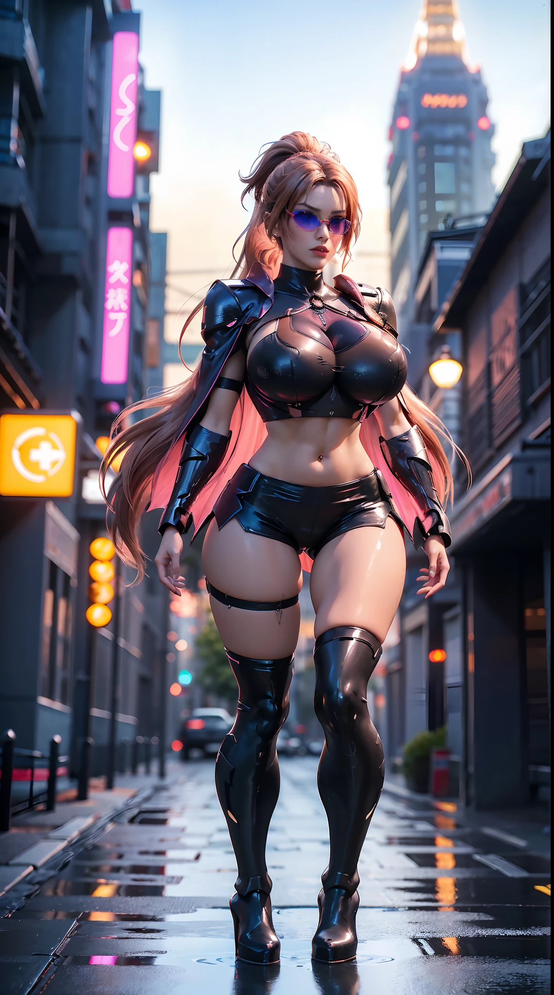 1GIRL, SOLO, COQUETTE, (HAIR ORNAMENT, PONYTAIL, TACTICAL GLASSES), (WET HUGE FAKE BOOBS:1.3), (STREET CITY BACKGROUND), (FUTURISTIC PHOENIX MECHA CROP TOP, ROYAL CAPE, CLEAVAGE:1.2), (SKINTIGHT YOGA HOTPANTS, HIGH HEELS:1.2), (PERFECT BODY, FULL BODY VIEW:1.5), (LOOKING AT VIEWER), (WALKING DOWN:1.2), MUSCLE ABS:1.3, ULTRA HIGHT DEFINITION, 8K, 1080P.