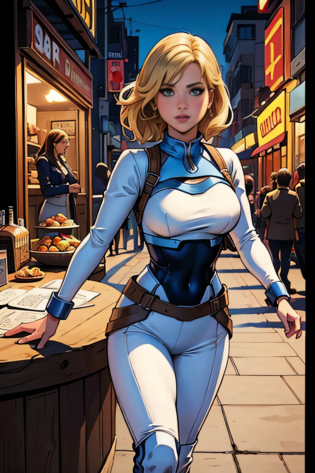 Comic Storyboard:1.8, cartoon strip,comic:: Jennifer Lawrence,Selena Gomez(1 mujer) Full body of 30-year-old blonde,desayunando ,superheorina con traje futurista(igual a la imagen anterior),en una ciudad futurista, Estilo Comic de Marvel, hiperHD, 24K UHD, paneles de comic dibujados con las escenas divida:
