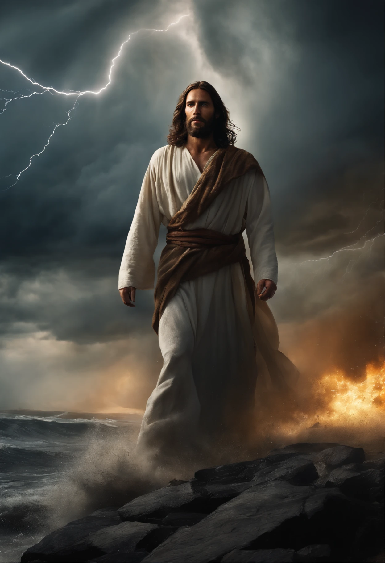 (detailed portrait of Jesus Christ in the midst of a storm in a war scene),war zone backdrop,choppy waves crashing against a rugged coastline,dark,ominous clouds covering the sky,wild and powerful lightning strikes illuminating the scene,intense rain pouring down,fierce winds blowing,powerful waves crashing against rocks,flying debris from the battlefield filling the air,Jesus Christ with a composed and serene expression,penetrating and compassionate eyes, flowing and immaculate beard,crown of thorns on his head,white robes billowing in the wind,hands raised in a gesture of divine power and protection,the storm raging around him but he remains steadfast and unperturbed,a ray of divine light breaking through the dark clouds,divine halo surrounding his head, symbolizing his divinity,the scene bathed in a blue and gray color palette, emphasizing the stormy and dramatic atmosphere,dramatic lighting, emphasizing the contrast between light and darkness,painting-like texture, adding depth and richness to the image.(best quality,4k,8k,highres,masterpiece:1.2),ultra-detailed,(realistic,photorealistic,photo-realistic:1.37),HDR,UHD,studio lighting,ultra-fine painting,sharp focus,physically-based rendering,vivid colors.