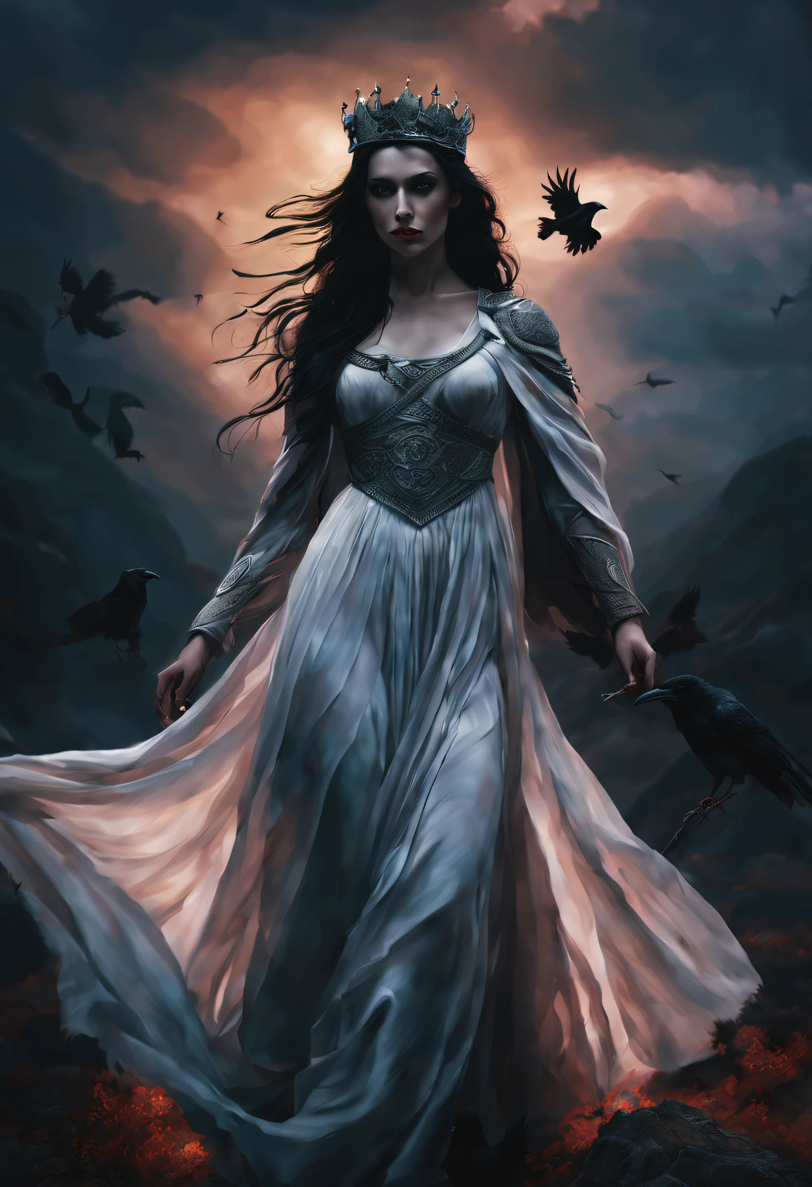 Celtic Goddess Morrigan,white queen,dark hair,crown,dark dress,crows,battle,best quality,ultra-detailed,realistic,landscapes,dark and moody,soft lighting,vibrant colors,ominous atmosphere