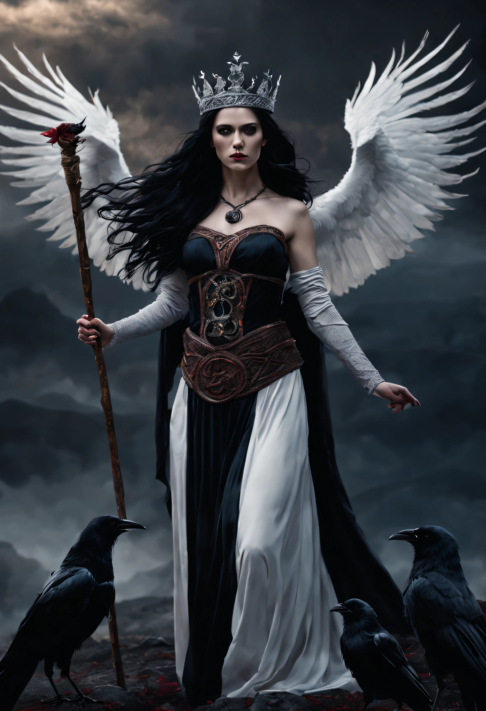 Celtic Goddess Morrigan,white queen,dark hair,crown,dark dress,crows,battle,best quality,ultra-detailed,realistic,landscapes,dark and moody,soft lighting,vibrant colors,ominous atmosphere