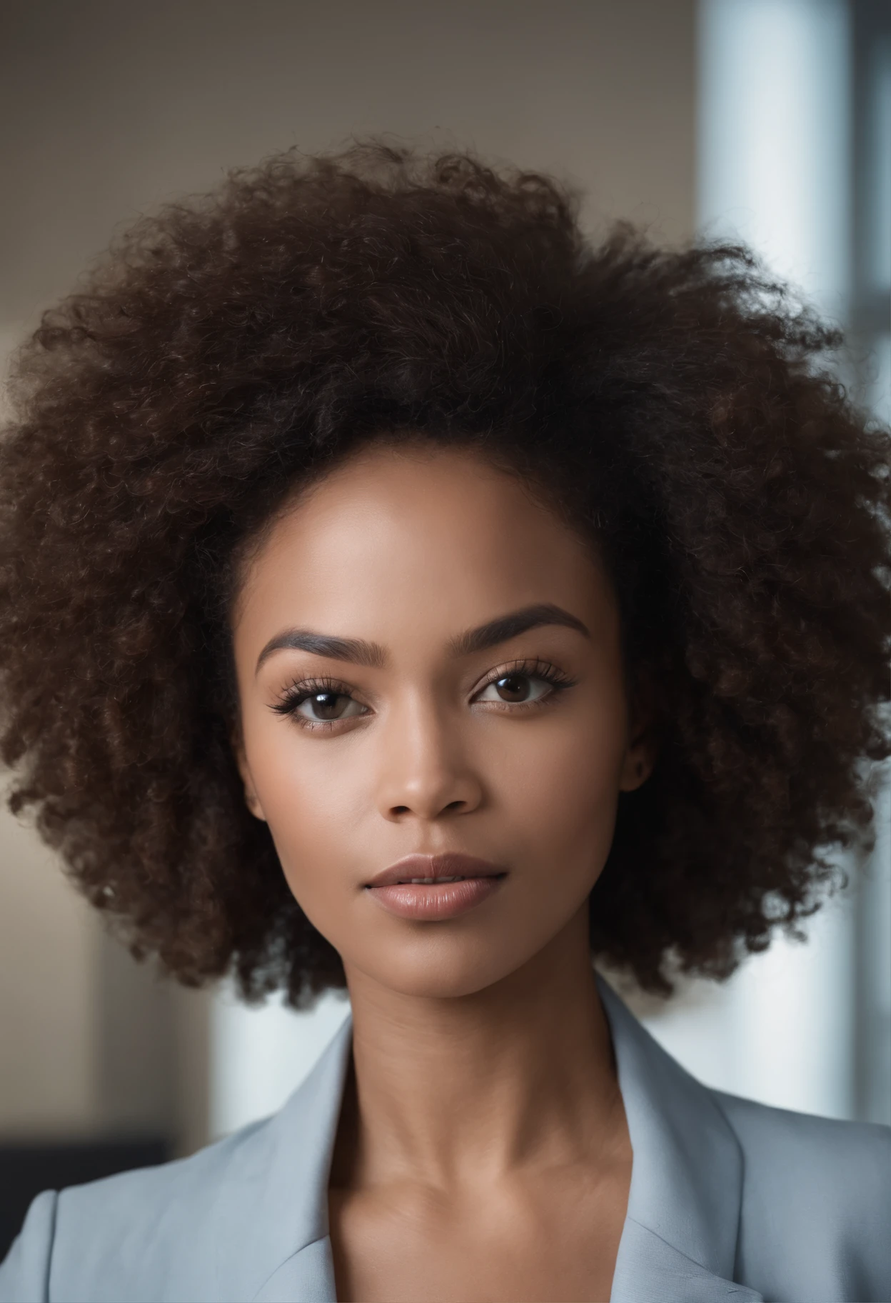 ((best quality)), ((Hyper-Resolution)), ((fotorrealista:1.1)), (detalhes complexos), mulher afro-americana, Meio corpo, Mulher afro-americana muito bonita e elegante, 30 I，55 kg, sexy, Jet cabelo preto, cor do cabelo preto, cabelo perfeito, Fios finos de cabelo, detalhe no rosto, in an office