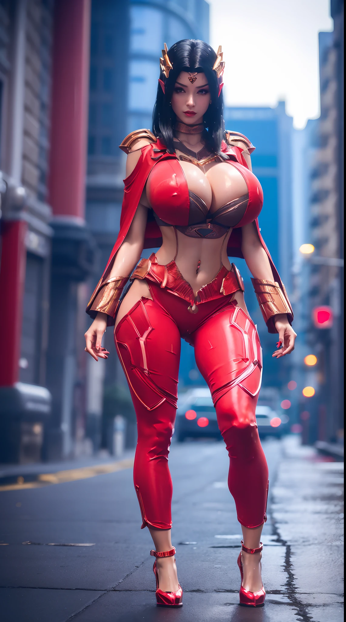 1GIRL, SOLO, COQUETTE, (HAIR ORNAMENT, NECKLACE), (WET HUGE FAKE BOOBS:1.3), (STREET CITY BACKGROUND), (FUTURISTIC RED MECHA CROP TOP, ROYAL CAPE, CLEAVAGE:1.2), (SKINTIGHT YOGA PANTS, HIGH HEELS:1.2), (PERFECT BODY, FULL BODY VIEW:1.5), (LOOKING AT VIEWER), (WALKING DOWN:1.2), MUSCLE ABS:1.3, ULTRA HIGHT DEFINITION, 8K, 1080P.