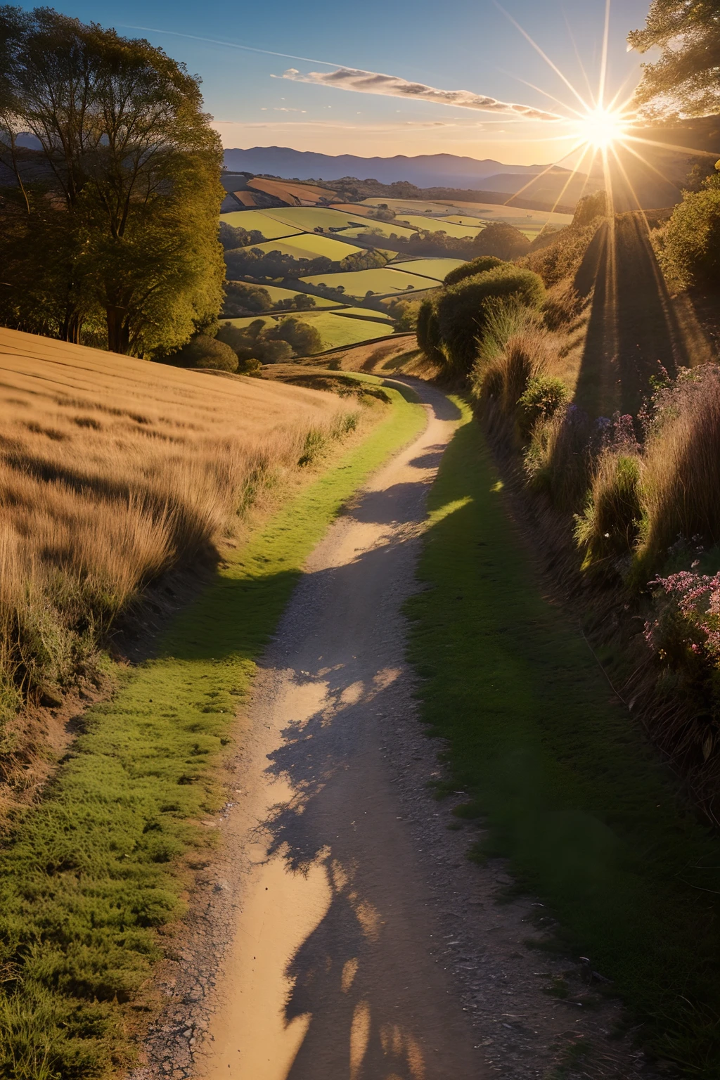 Highly detailed landscape, golden hour, sun shining on a long steep country lane, clear photography, photorealistic, soft pastel colours, highly detailed, intricate, path tracing, illustration, insanely detailed, shadow mapping volumetric light, specular lighting