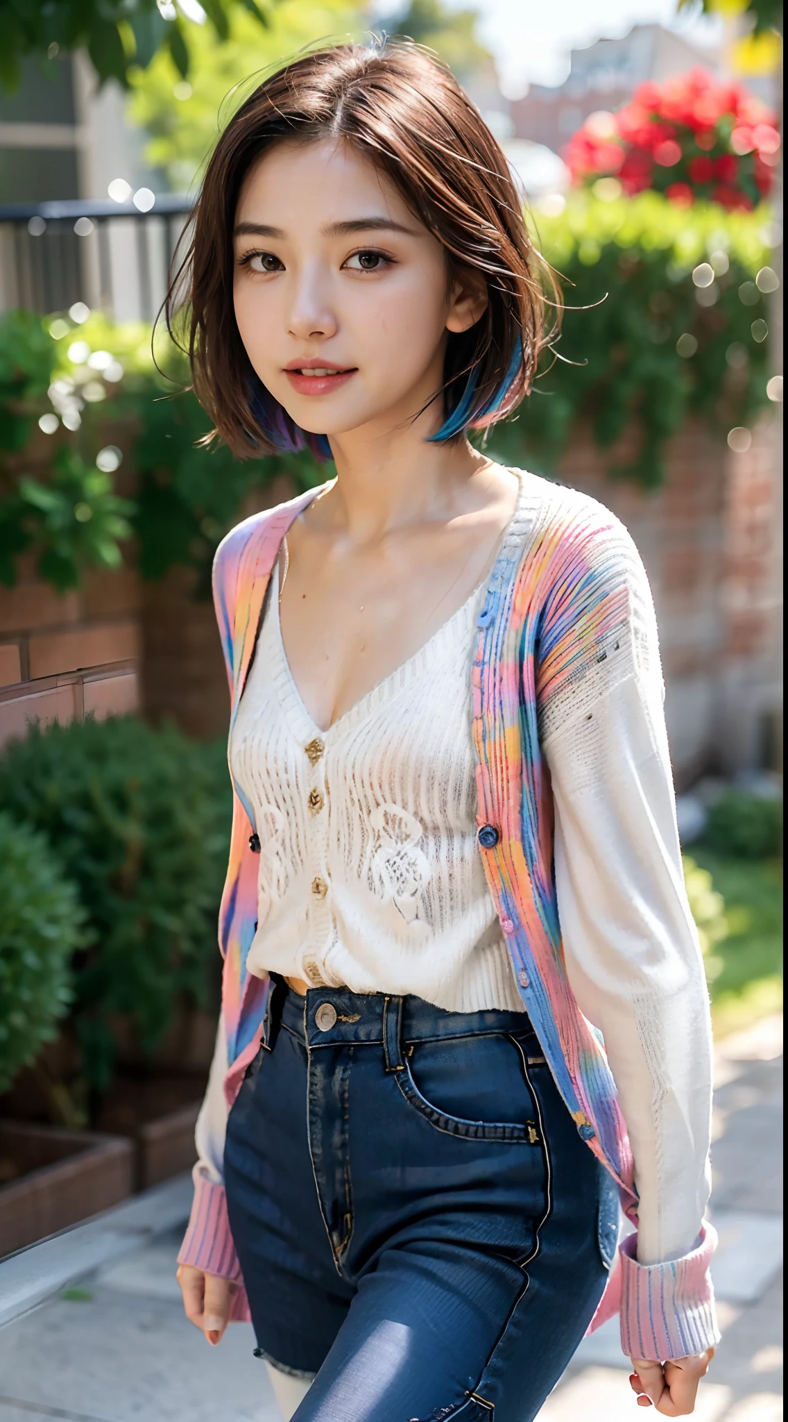 (Small underboob,Tomboyish,small heads)), (perfect bodies: 1.1), (shoulder length straight  colorful short hair:1.1),attractive collarbone，（极其细致的CG 8k壁纸），（Extremely refined and beautiful），（masterpiece），（best qualtiy：1.0），（超高分辨率：1.0）,[A high resolution]，cheerfulness，smile，Smooth and flawless fair skin，ultra - detailed ，Elongated legs,(Small breasts:1.1),Flat chest,underboob,Slim，emaciated，(colorful sweater cardigan:1.5),(white pantyhose:1.3),Cleavage,autumn, in residential areas,high-rise residential buildings,in garden,on path,(running:1.5),(Hair flying:1.3),midday sunlight,(open mouth:1.2) ,(female orgasmic:1.3), (blush:1.3),(sweat:1.6),upper body,(close shot:1.3),(cowboy shot:1.3),(Passport photo:1.5),