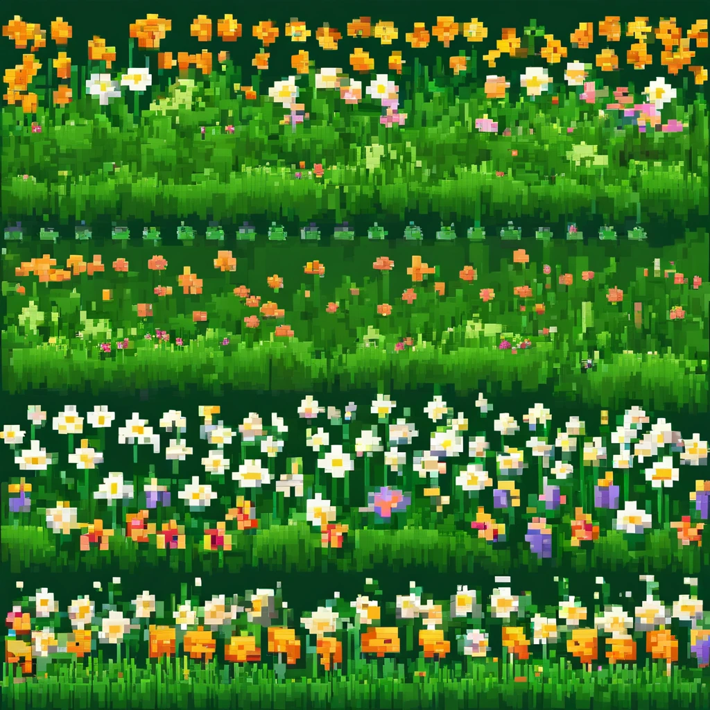 grass with flowers, in pixelsprite style, side view, game asset