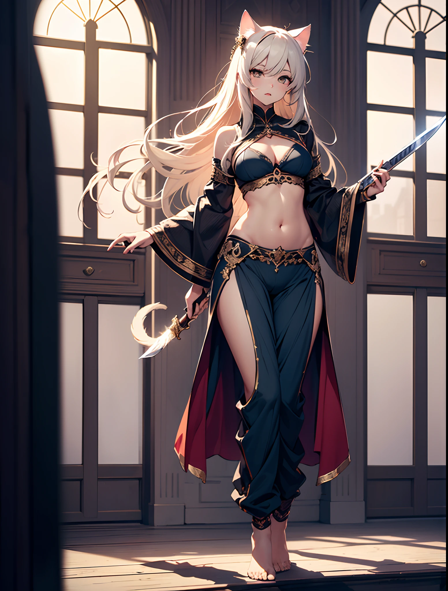 (best quality,4k,8k,highres,masterpiece:1.2),ultra-detailed, cat girl, perfect face, expressive mouth, perfect body, detailed body, (full body), standing pose, carrying a arabian sword, perfect sword, detailed sword, very baggy and long belly dance harem pants, perfect pants, detailed clothes, bare feet, fully detailed,illustration,vivid colors